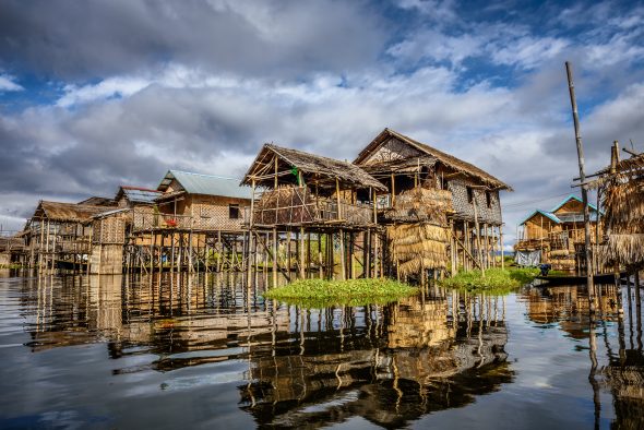 Wooden houses on piles inhabited by the tribe of Inthar, Inle Lake, Myanmar